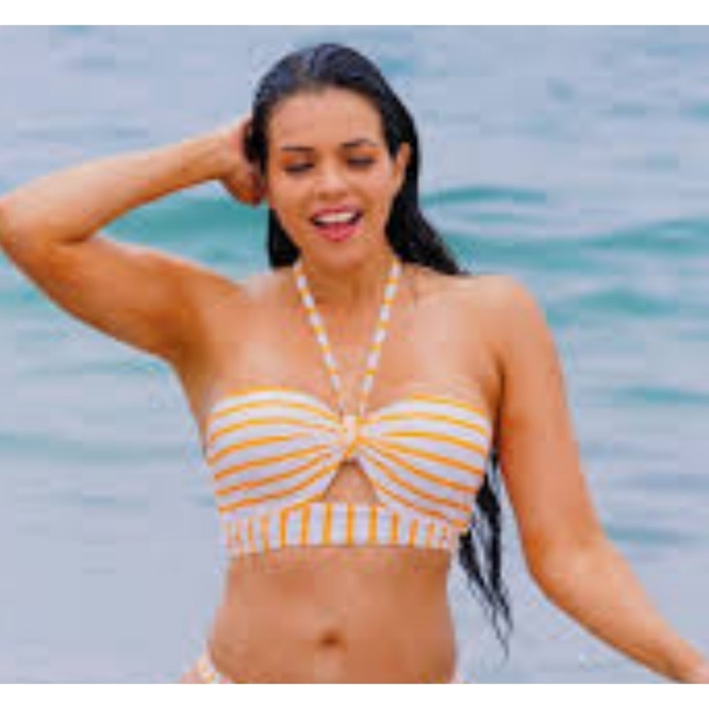 Shade & Shore Tunneled Front Keyhole Striped Bikini top Yellow & White Size 36D